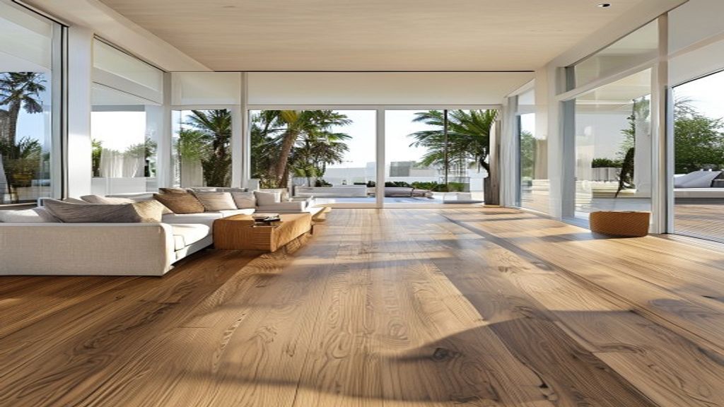 A bright and airy San Diego living room with floor-to-ceiling windows showing a hint of palm trees. The floor is covered in wide-plank VV457-COREtec Originals - Premium flooring in a warm, natural oak tone. The light reflects off the realistic wood texture, highlighting the EIR finish. Modern, comfortable furniture is arranged on the floor, creating a welcoming, high-end atmosphere.