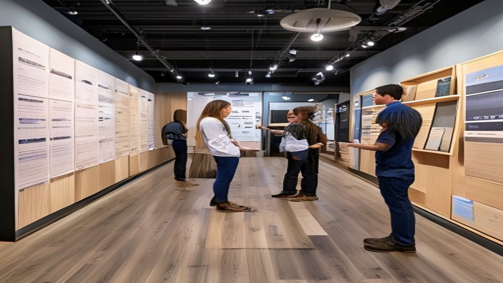The interior of a professional flooring showroom (West Coast Flooring Center). High-quality displays of COREtec planks are arranged neatly along the walls. A friendly design consultant is pointing to a large sample of VV457, explaining its features to an interested couple. The lighting is soft and professional, highlighting the various textures and colors available.