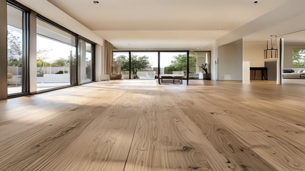 A bright, modern open-concept living room featuring COREtec Pro Classics flooring with a realistic warm oak wood grain. The space is well-lit with soft natural light, showcasing the clean lines and authentic texture of the planks. High-resolution photography, sharp detail, earthy color palette.