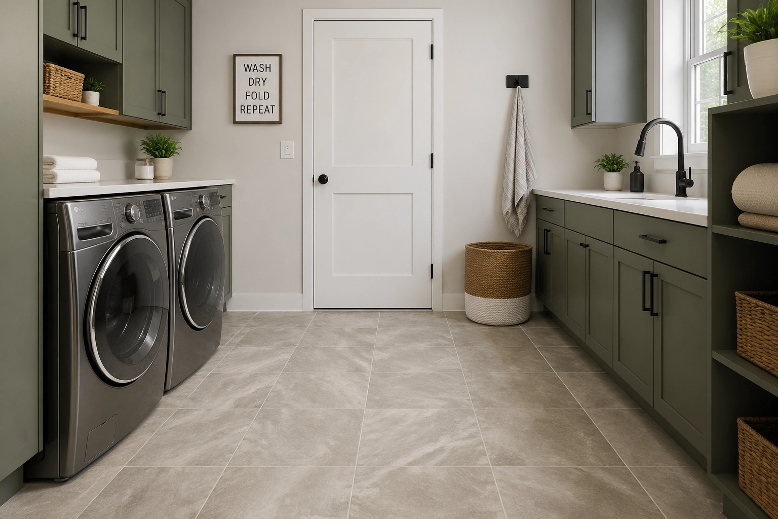 A modern laundry room with high-efficiency appliances and VV840-COREtec Tile flooring.