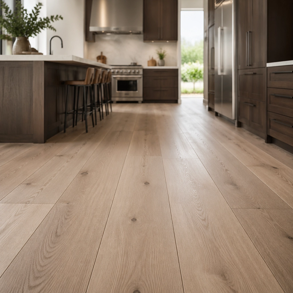 A clean, geometric perspective shot of a modern kitchen with wide-plank flooring.