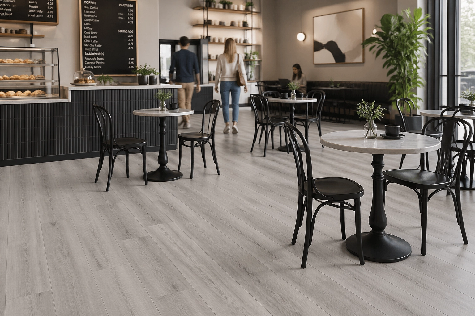 A stylish commercial cafe setting demonstrating the durability and sophisticated look of COREtec Pro Premium.