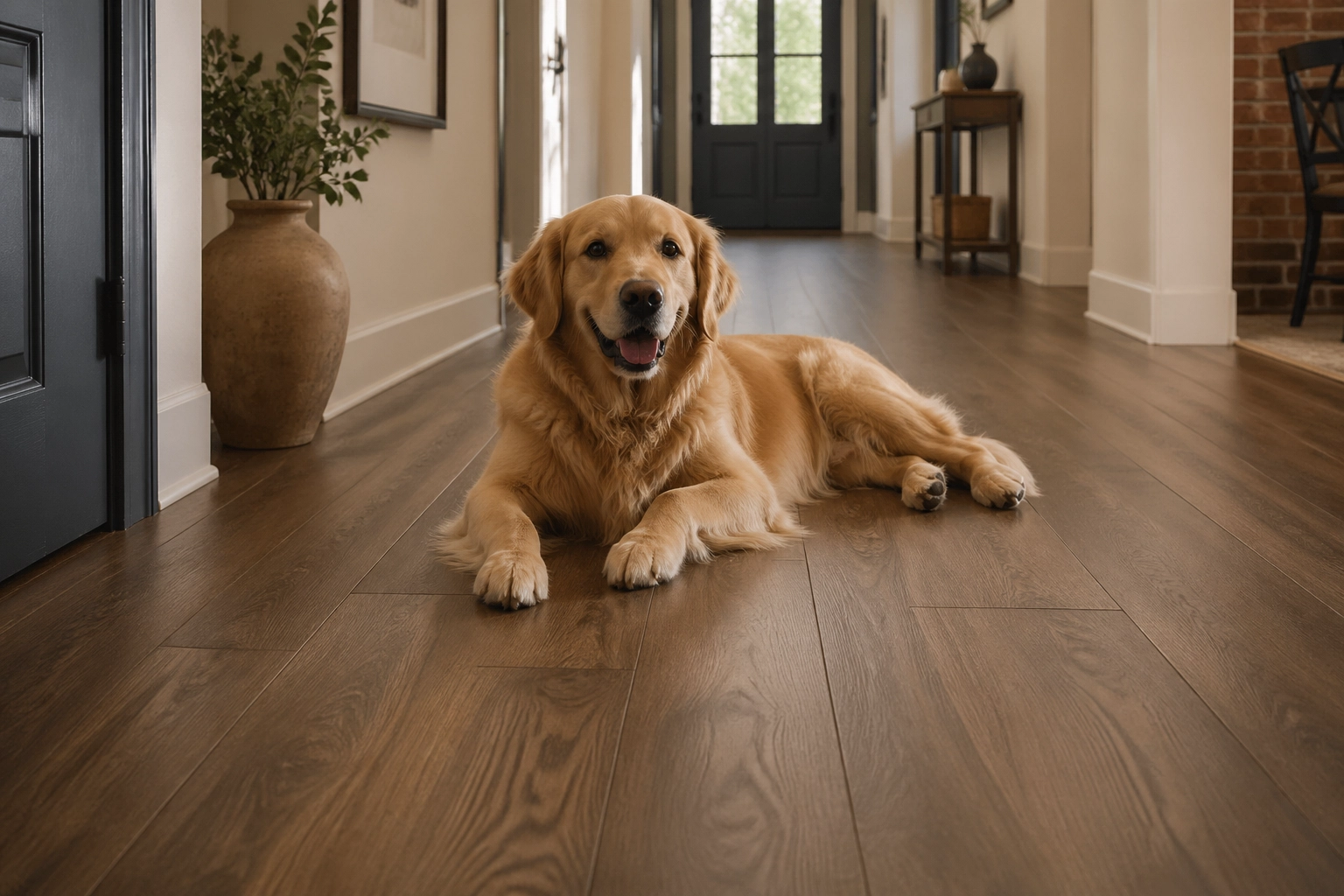 A dog sitting on COREtec Pro Enhanced flooring