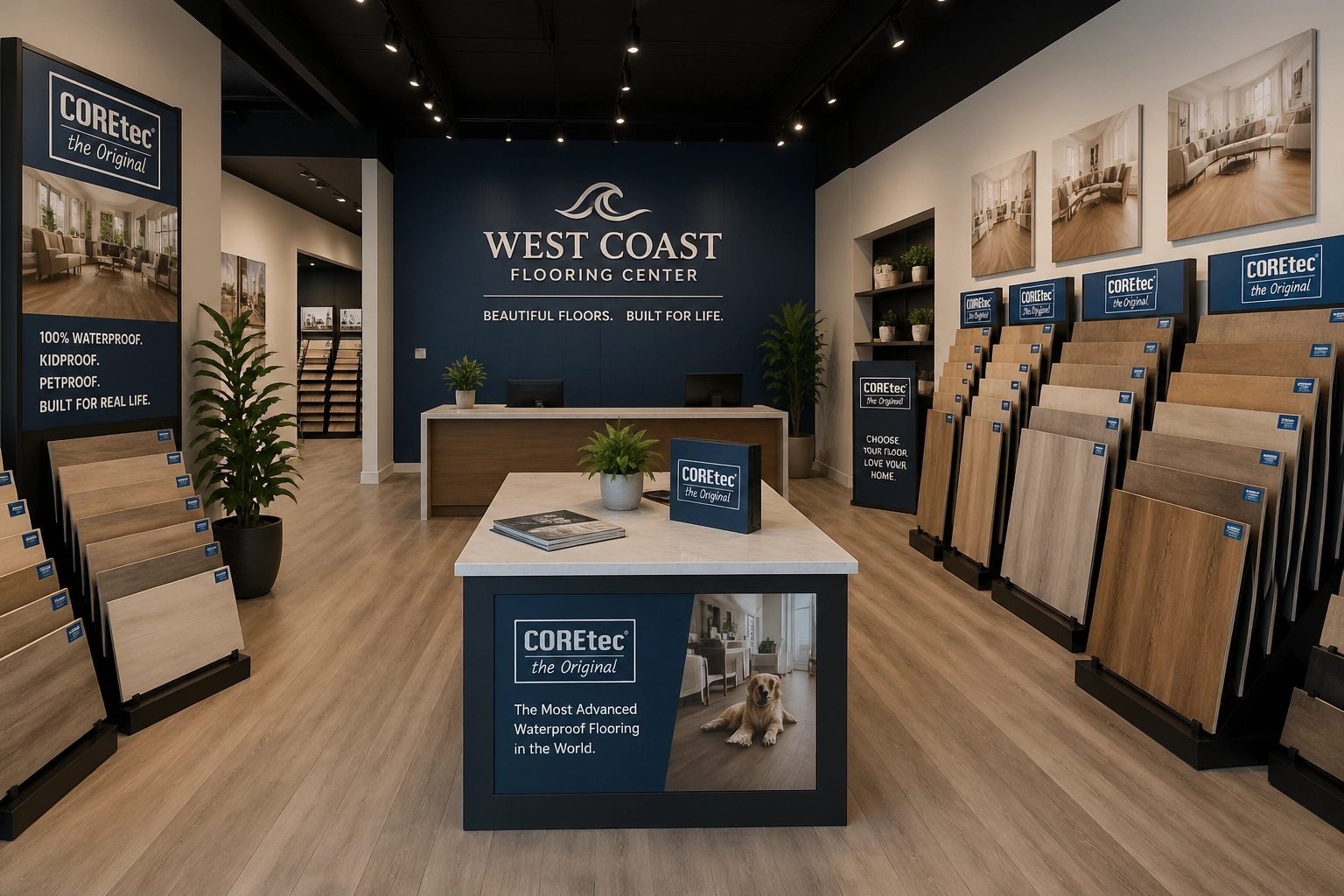 The inviting interior of the West Coast Flooring Center showroom