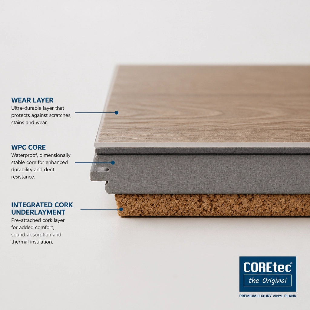 A side profile view of a COREtec luxury vinyl plank showing the multi-layer construction with integrated cork underlayment.