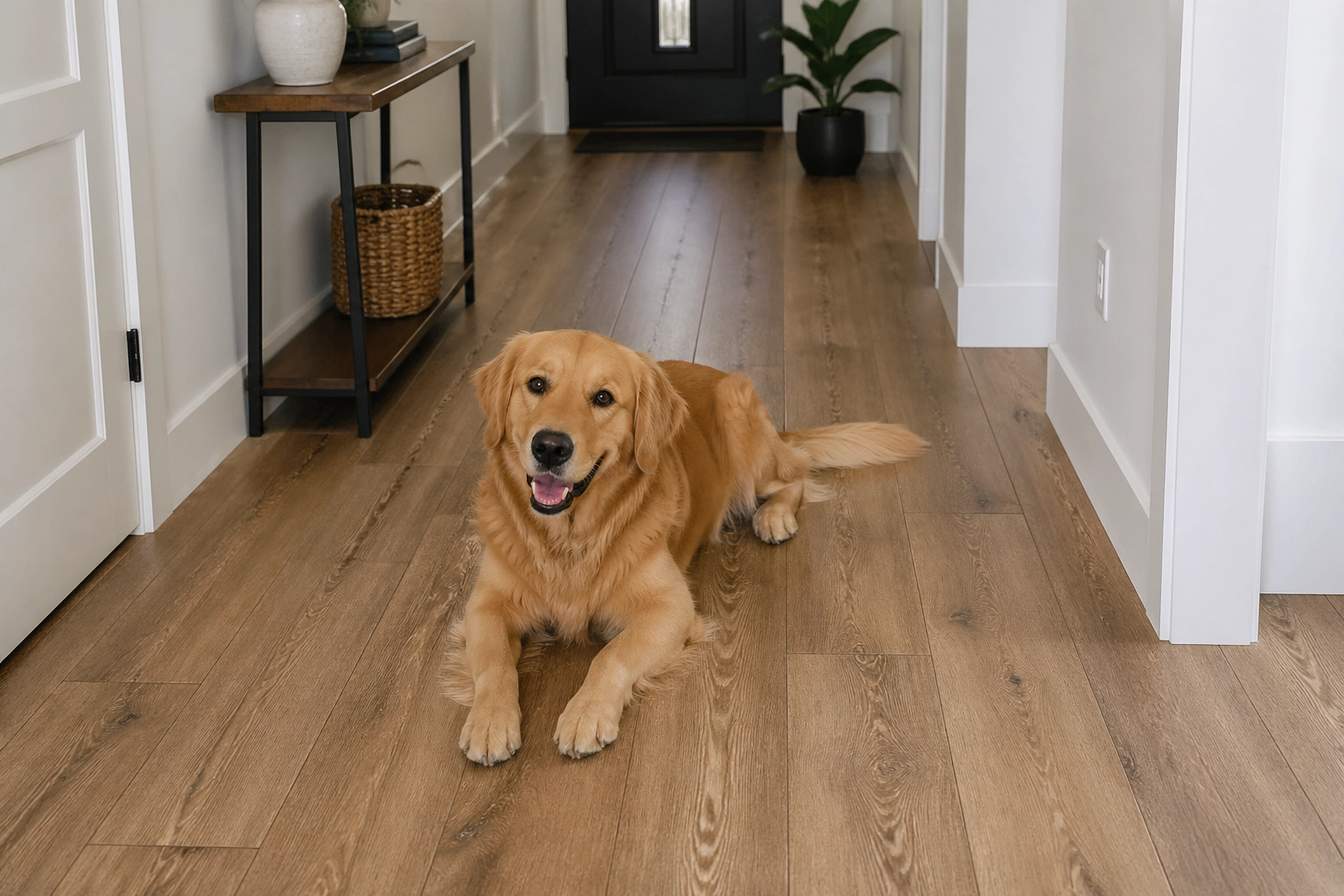 A golden retriever dog resting comfortably on a resilient COREtec VV012 floor, demonstrating its pet-friendly and durable nature.