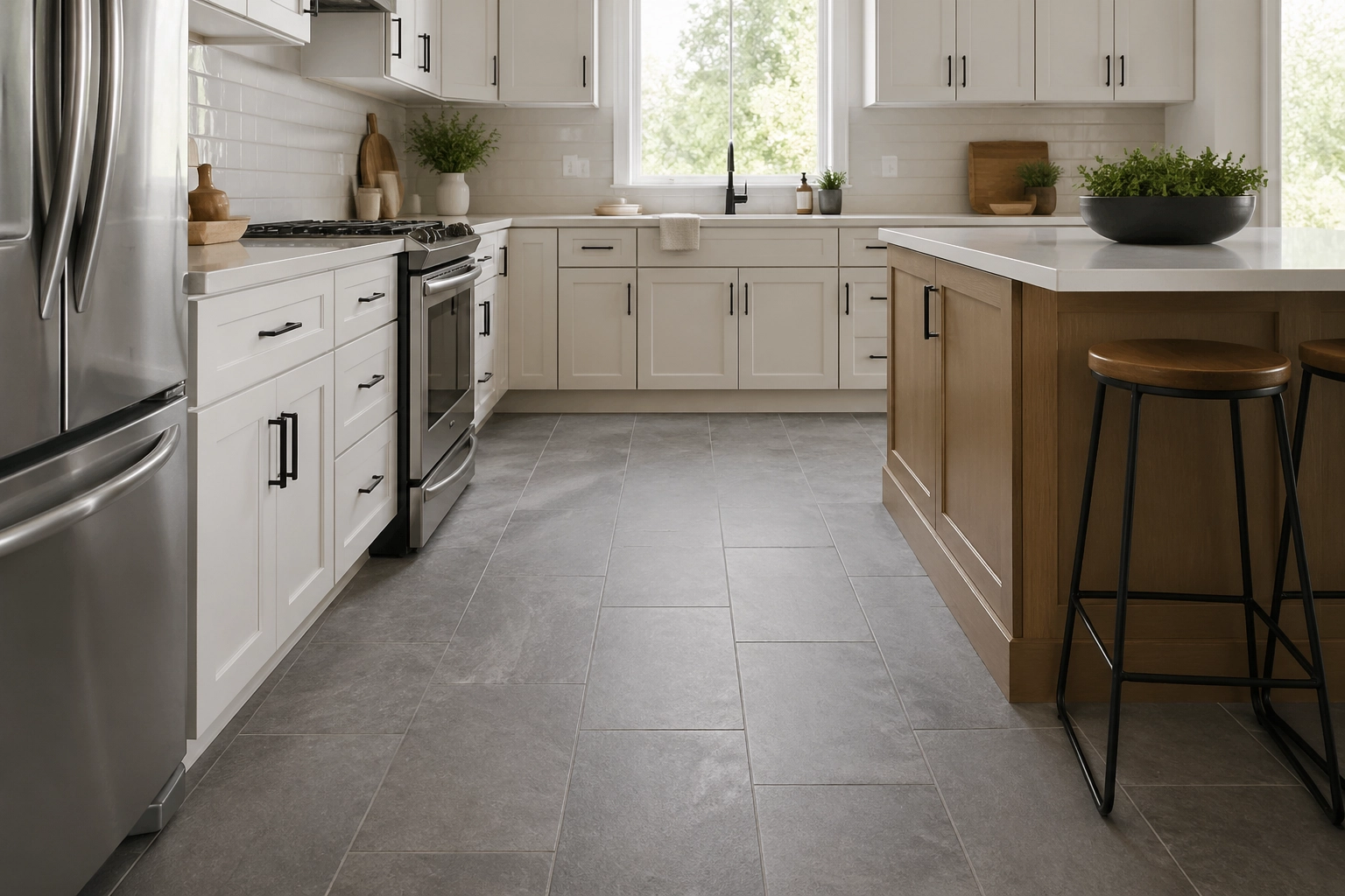 A modern kitchen with slate-grey COREtec Tile flooring