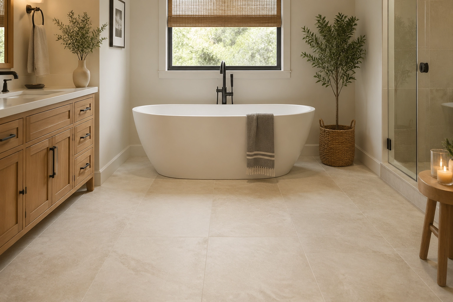 A serene bathroom with light beige stone-look COREtec Tile