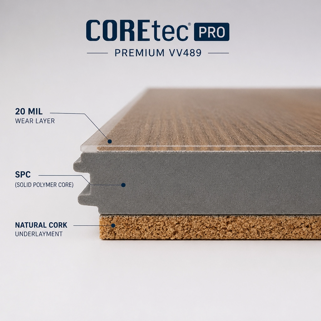 Detail of the SPC core and cork underlayment