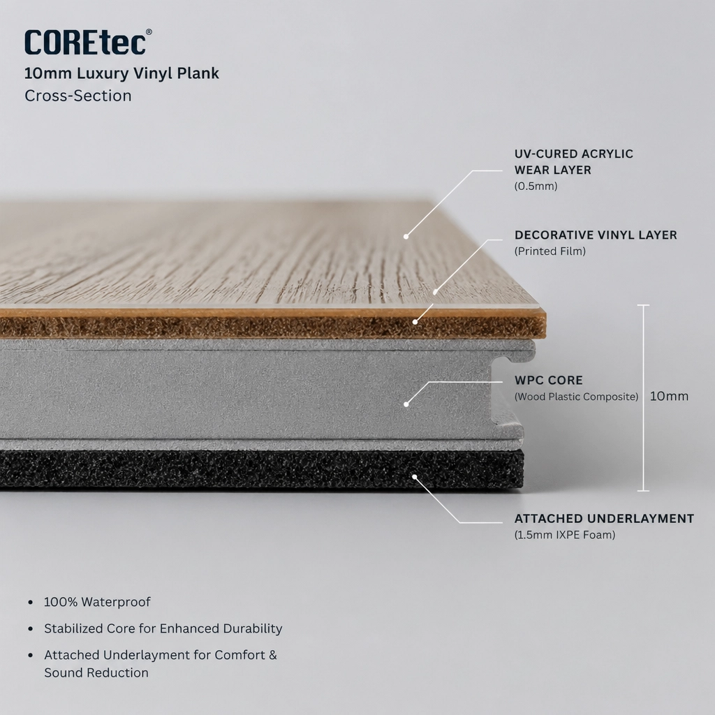 Technical cross-section showing the 10mm thickness, WPC core, and attached underlayment of a COREtec plank