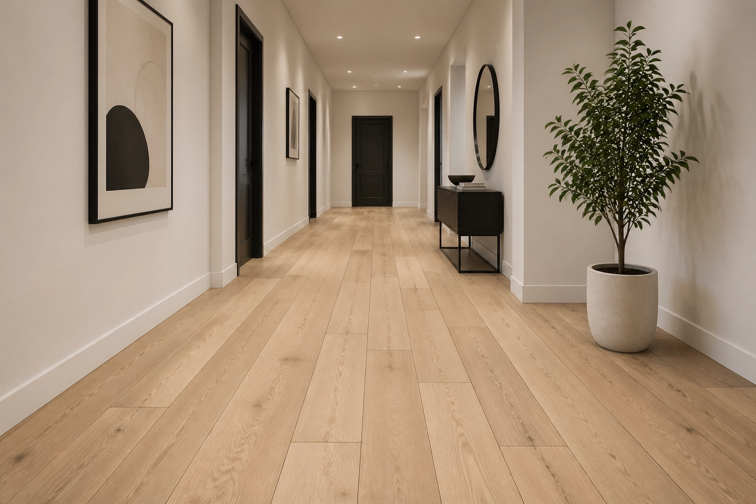 A wide perspective shot of a long hallway showing multi-length flooring planks