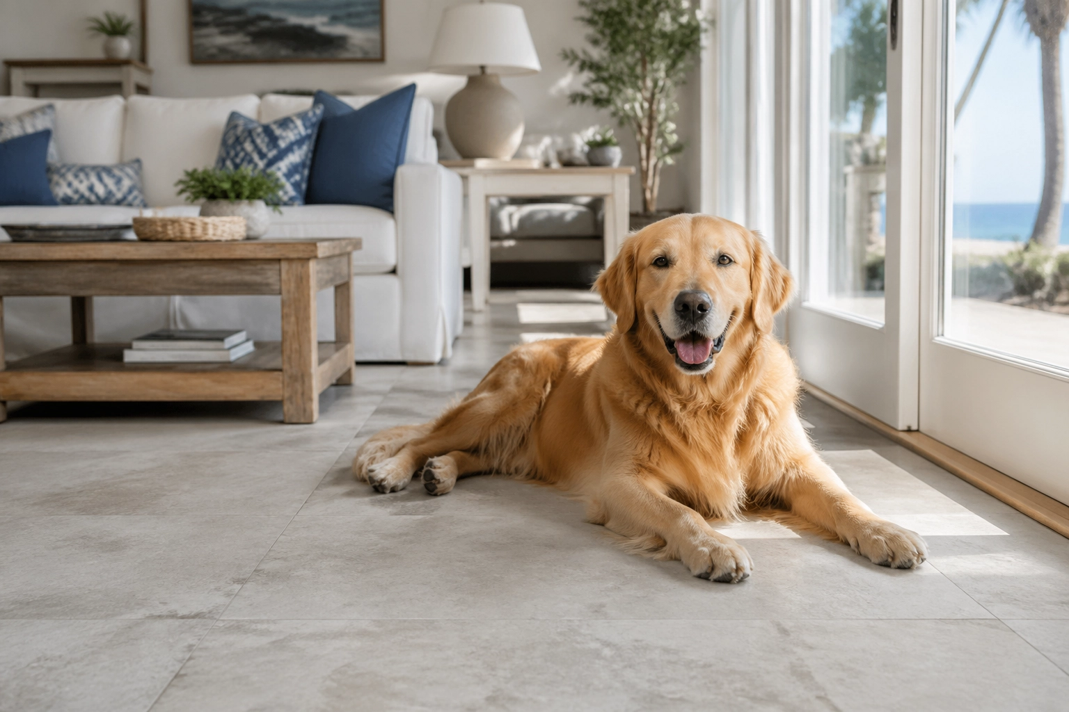 Golden retriever lying on durable VV848-COREtec tile floor