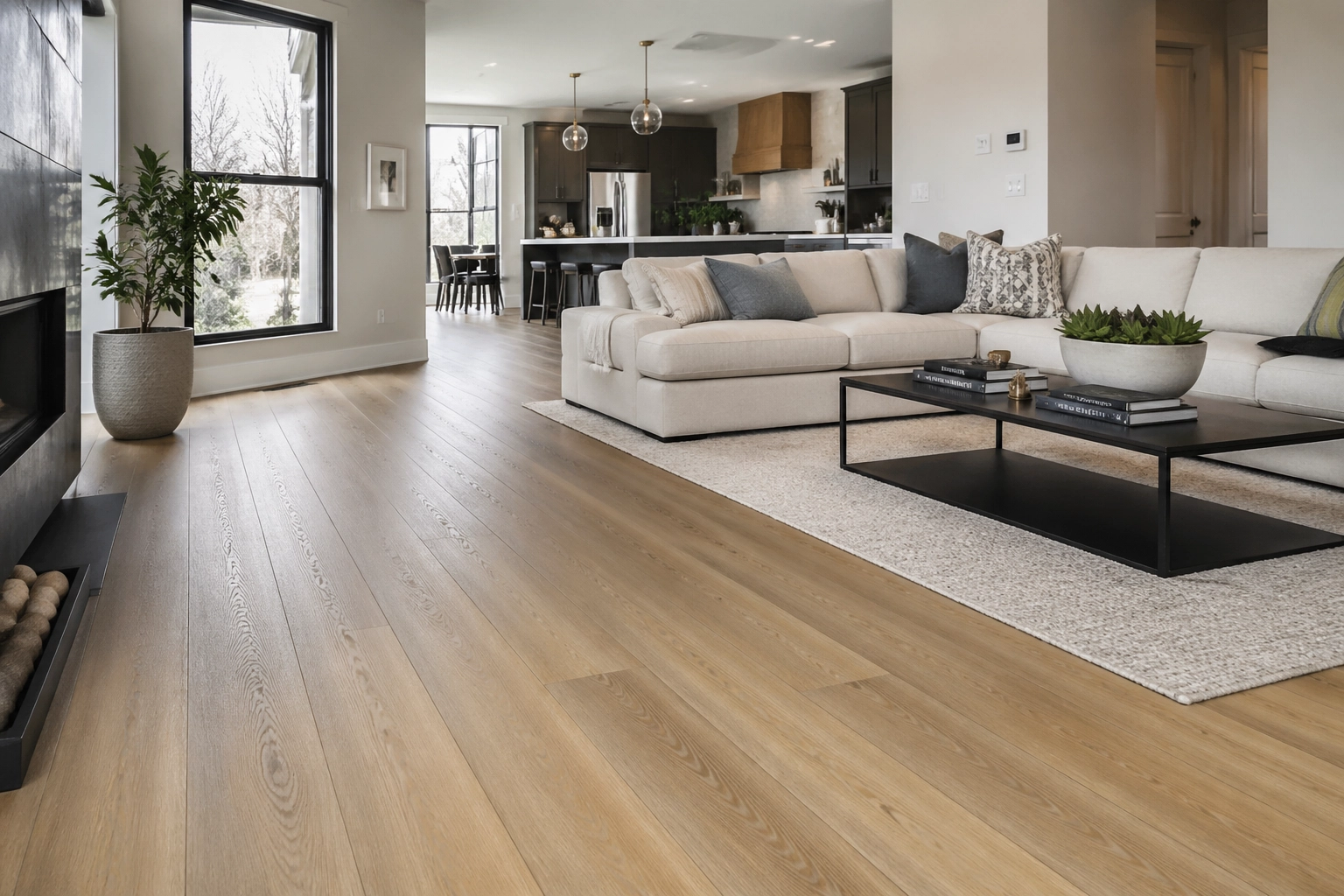 A high-end, bright, and modern open-concept living room with beautiful wide-plank COREtec luxury vinyl flooring in a natural oak finish.