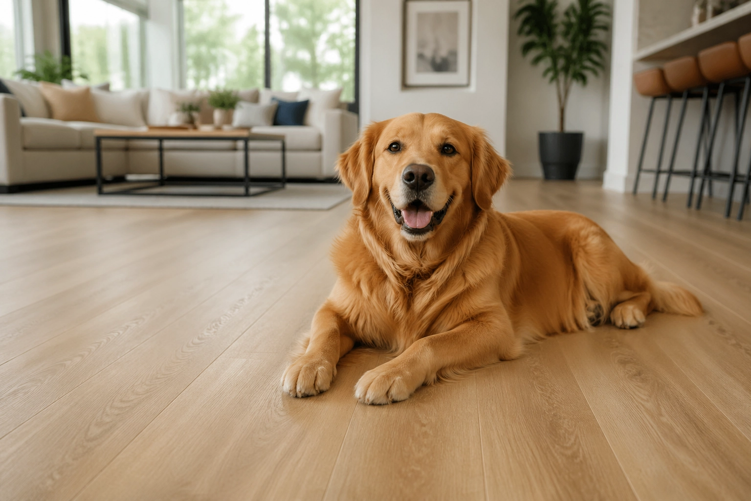 Happy golden retriever dog lying on durable oak-tone vinyl flooring