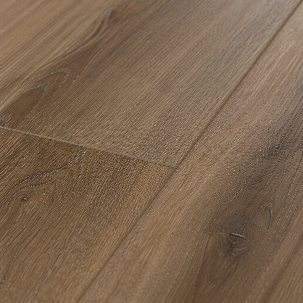 A detailed close-up showing the wood grain texture and micro-bevel edges of the VV585-COREtec planks.