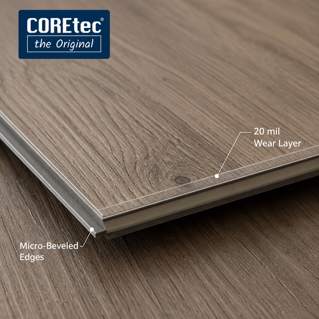 Close up of the realistic wood texture and micro-beveled edges of a COREtec plank