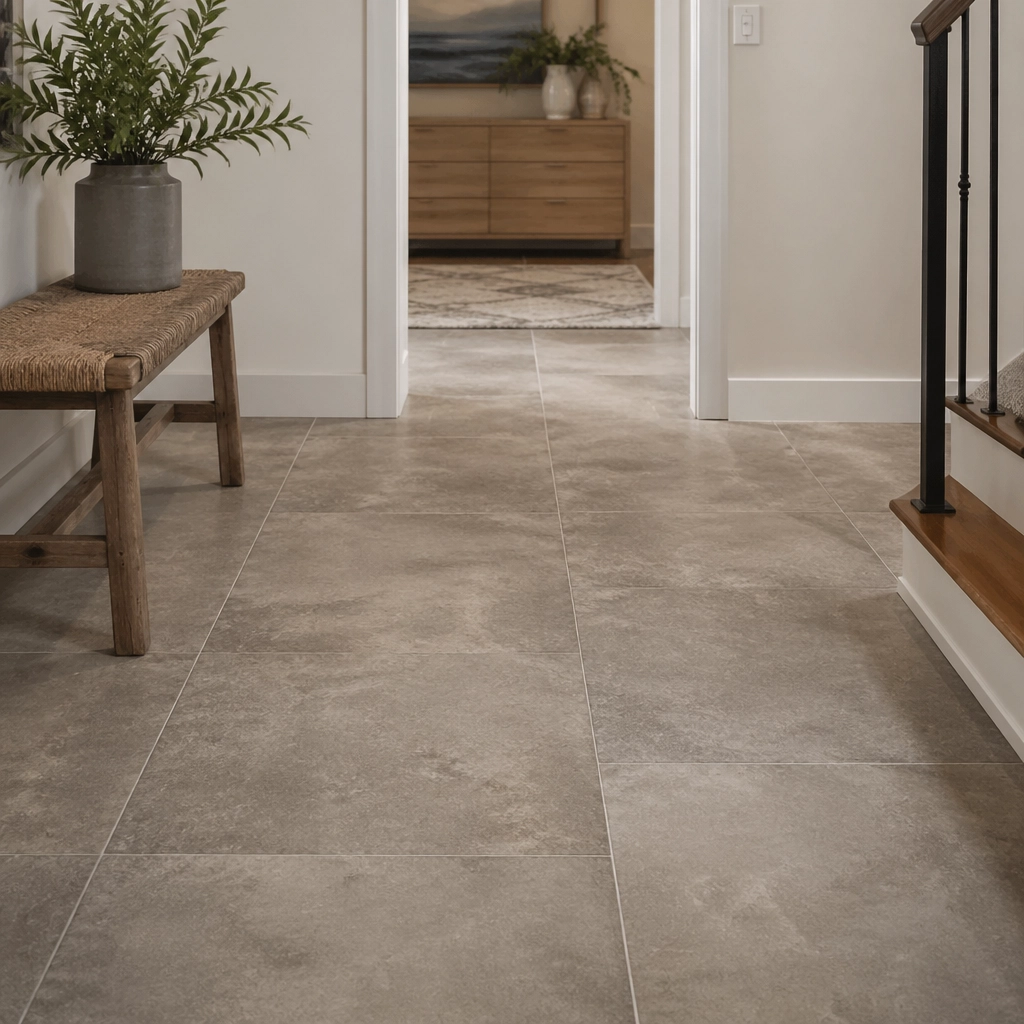 Detailed hallway transition showing COREtec Tile beveling