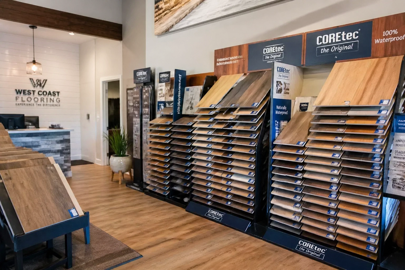 Inside the West Coast Flooring Center showroom featuring COREtec luxury vinyl displays.