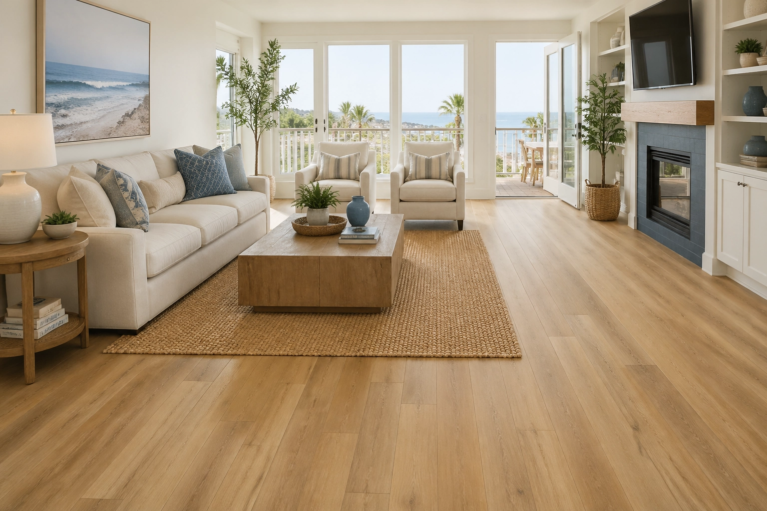 A bright San Diego living room featuring beautiful COREtec Originals Classics VV024 luxury vinyl plank flooring