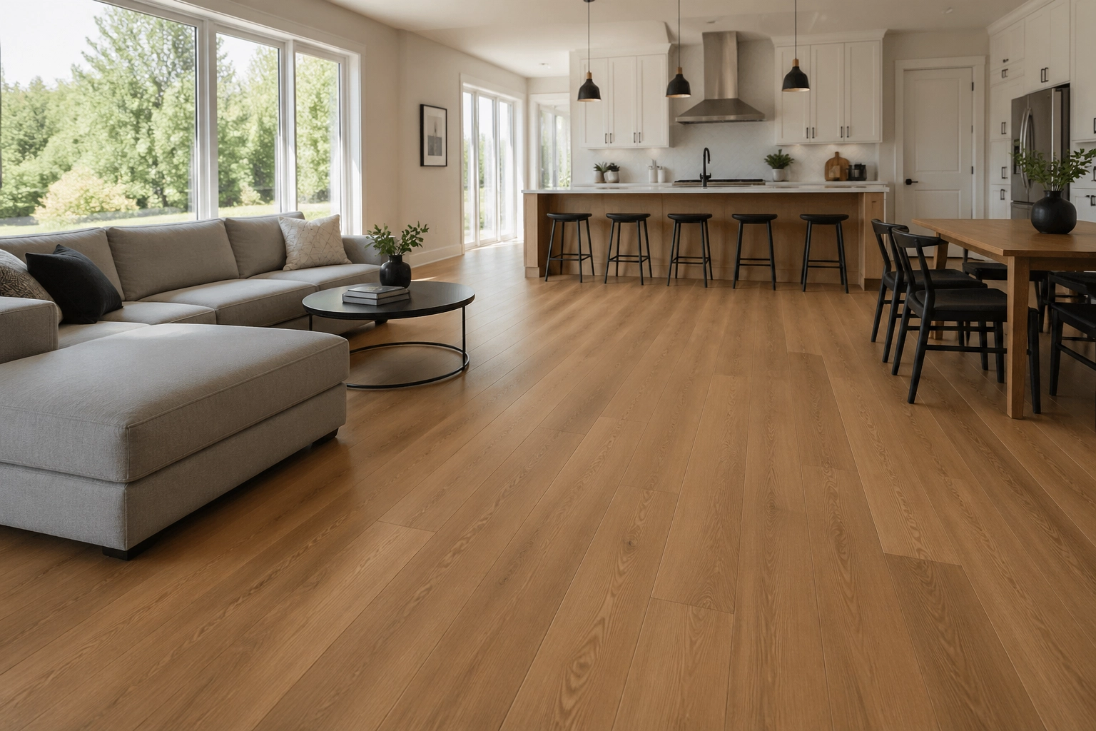 Modern living room featuring COREtec Pro Premium luxury vinyl flooring with a rich medium-oak texture.