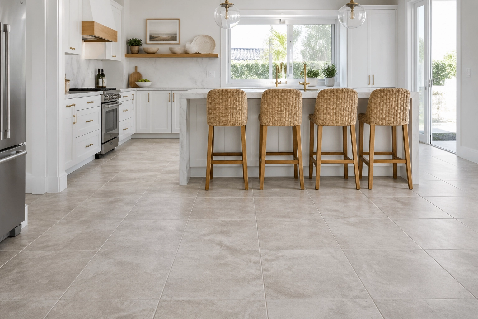 A high-resolution, realistic photograph of a bright, modern San Diego kitchen featuring VV840-COREtec Tile flooring. The 18x18 inch tiles have a light gray, natural limestone appearance with subtle earthy textures and a clean grout line bevel.
