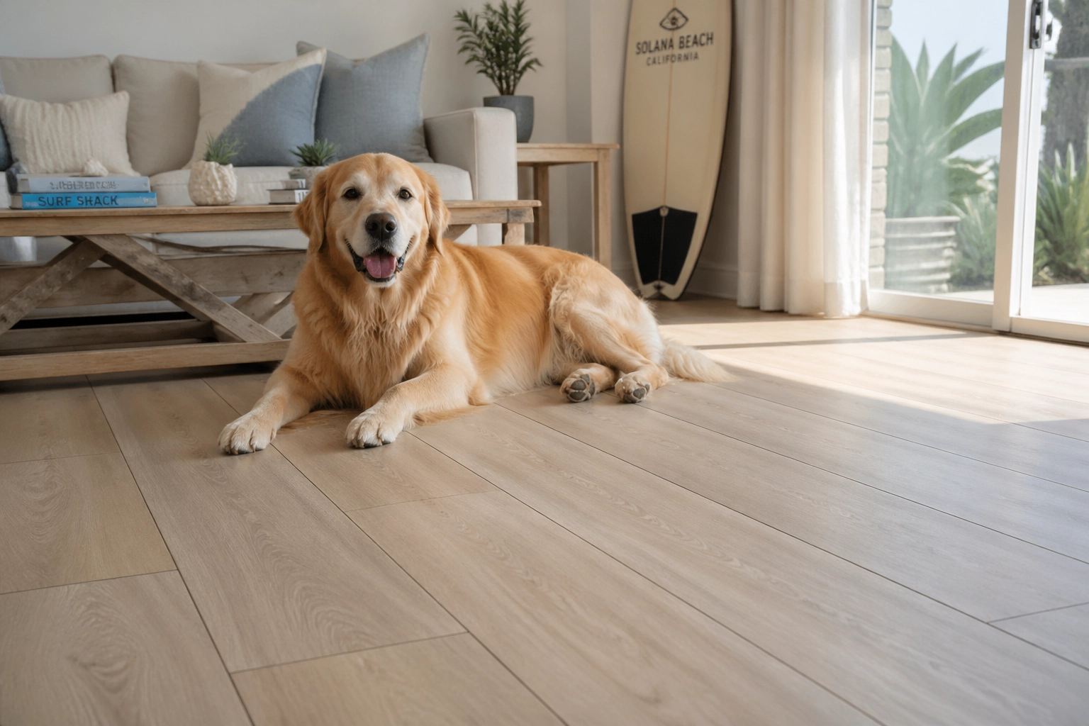 A happy dog resting on a beautiful, durable COREtec floor in a Solana Beach home