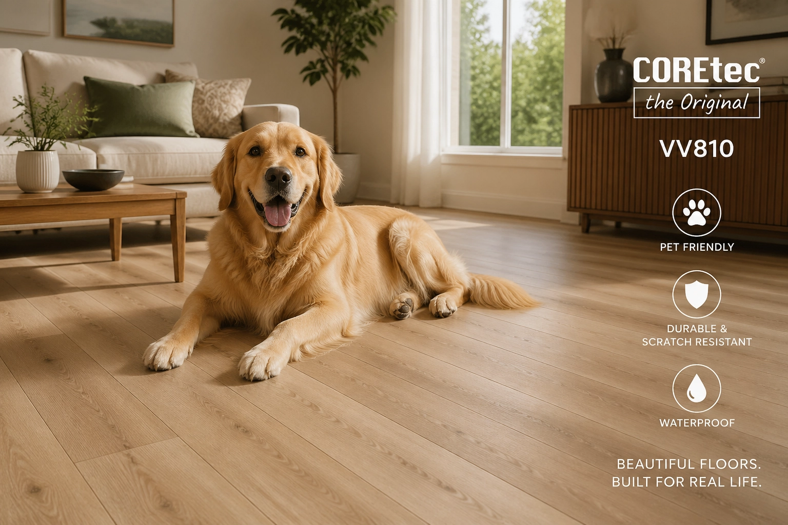 Pet-friendly COREtec flooring with a happy dog