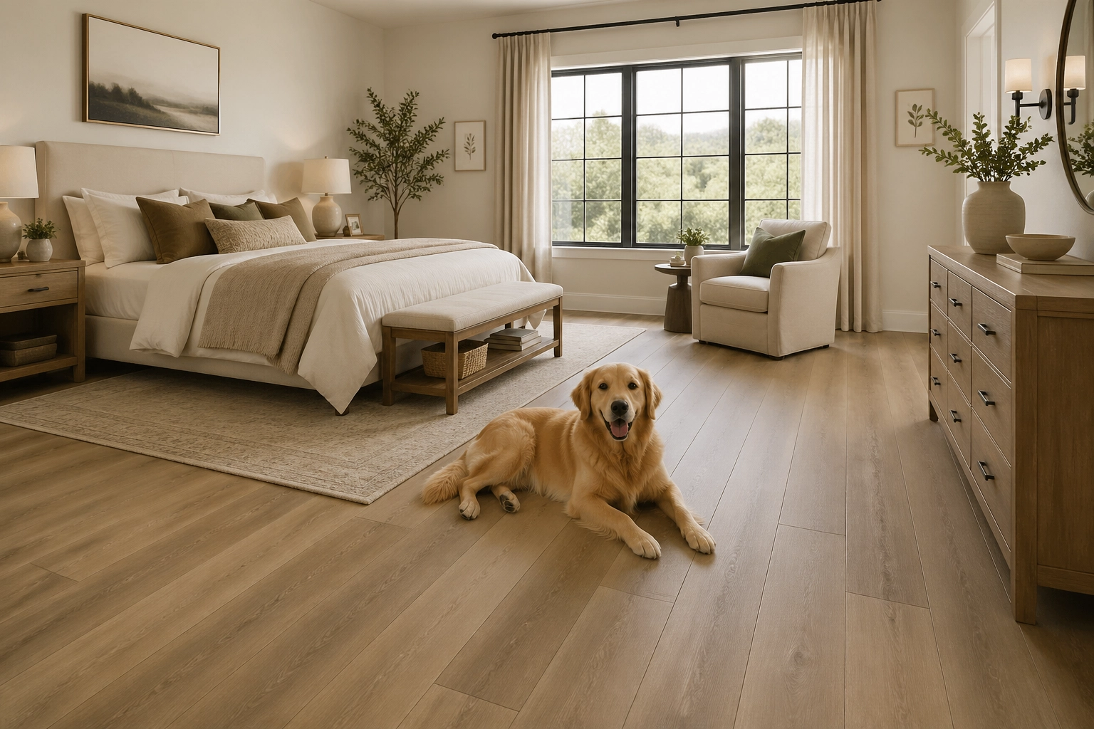 An inviting, spacious master bedroom with beautiful long-plank luxury vinyl flooring and a dog.