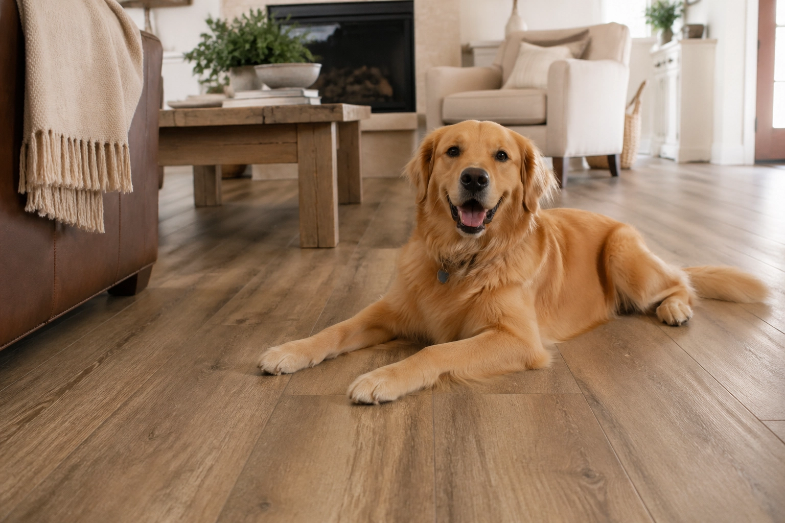 Happy dog laying on durable COREtec flooring