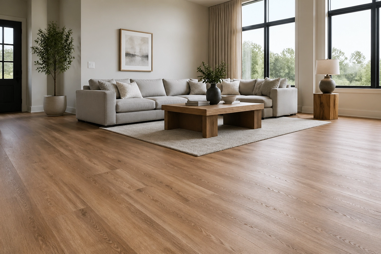 A bright, modern living room featuring COREtec Originals Enhanced luxury vinyl flooring with warm oak tones and realistic textures.