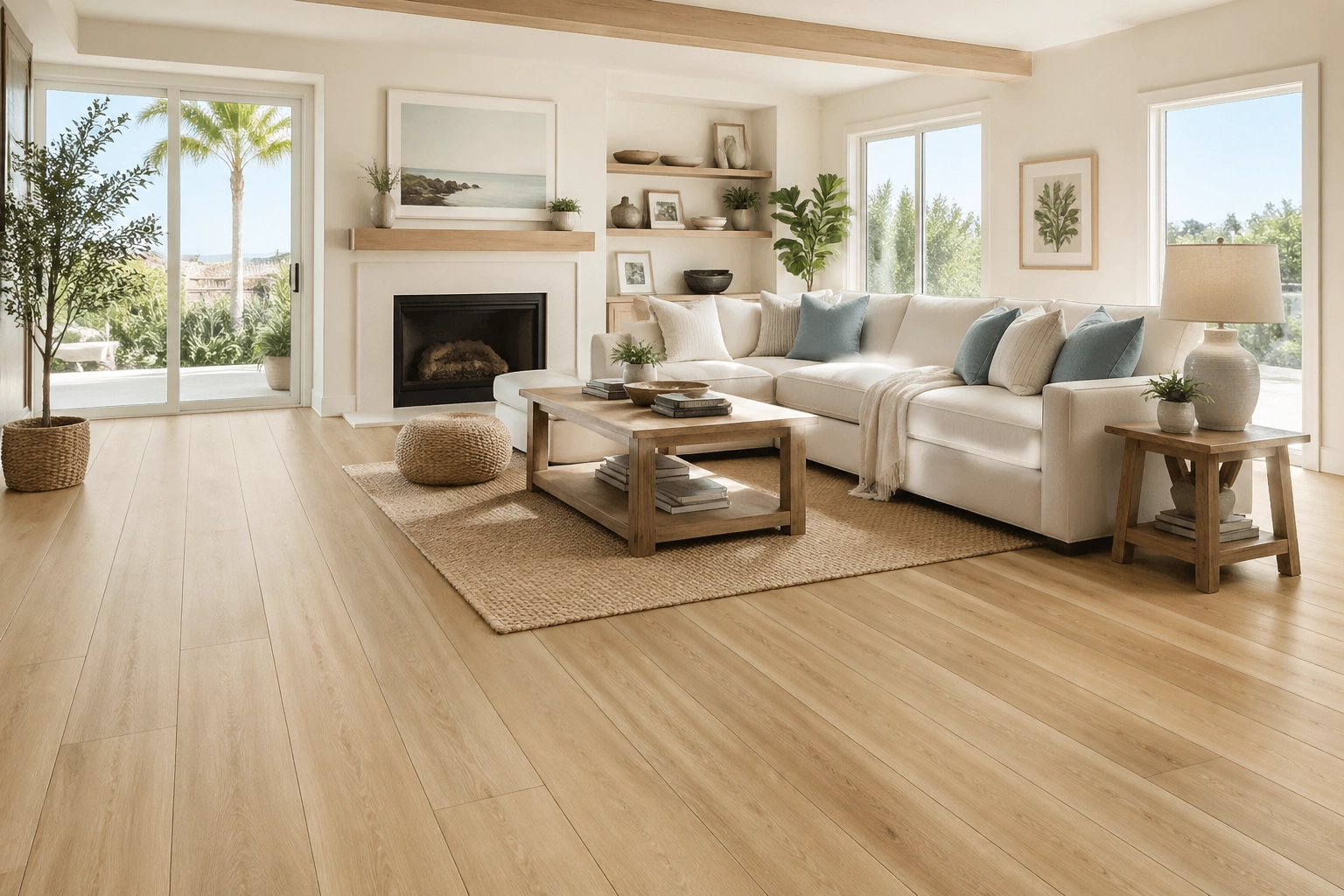Modern San Diego living room featuring COREtec VV012 luxury vinyl plank flooring with a coastal chic design and natural light.