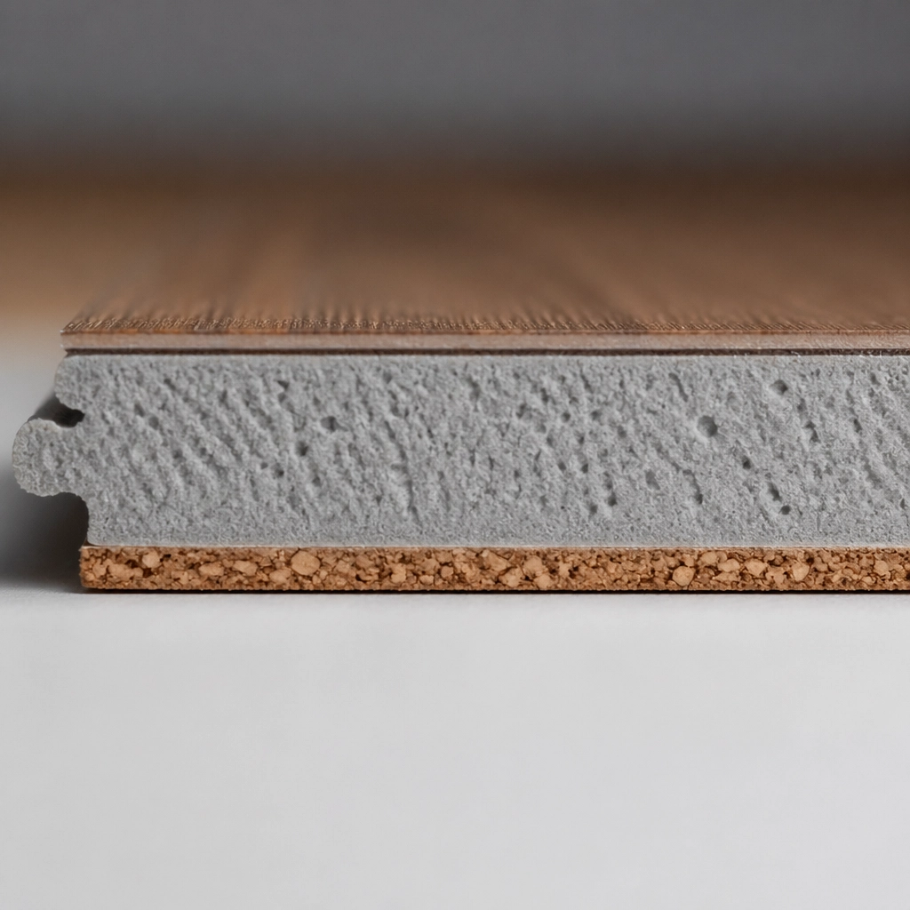 Side profile of a COREtec Originals Enhanced plank showing the wear layer, WPC core, and natural cork underlayment.