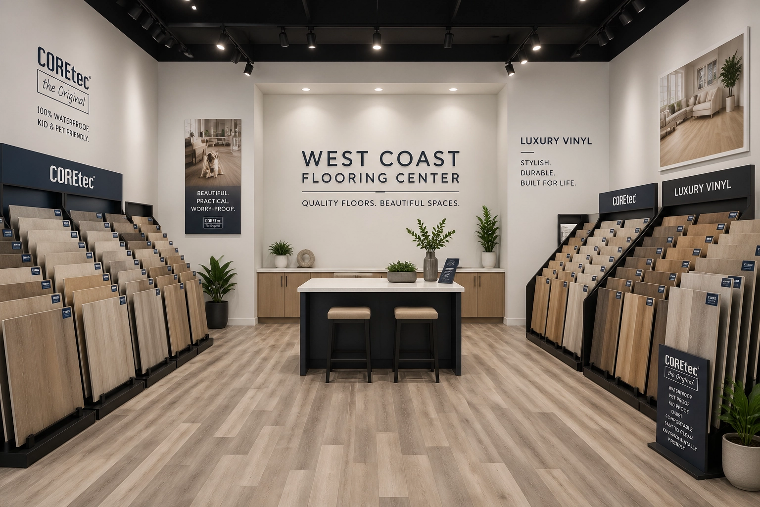 The interior of a West Coast Flooring Center showroom, showcasing a professional and wide variety of luxury vinyl and COREtec flooring samples.