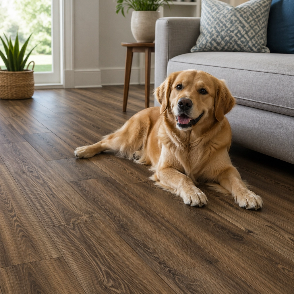 A golden retriever resting on the durable and petproof VV585-COREtec luxury vinyl floor.