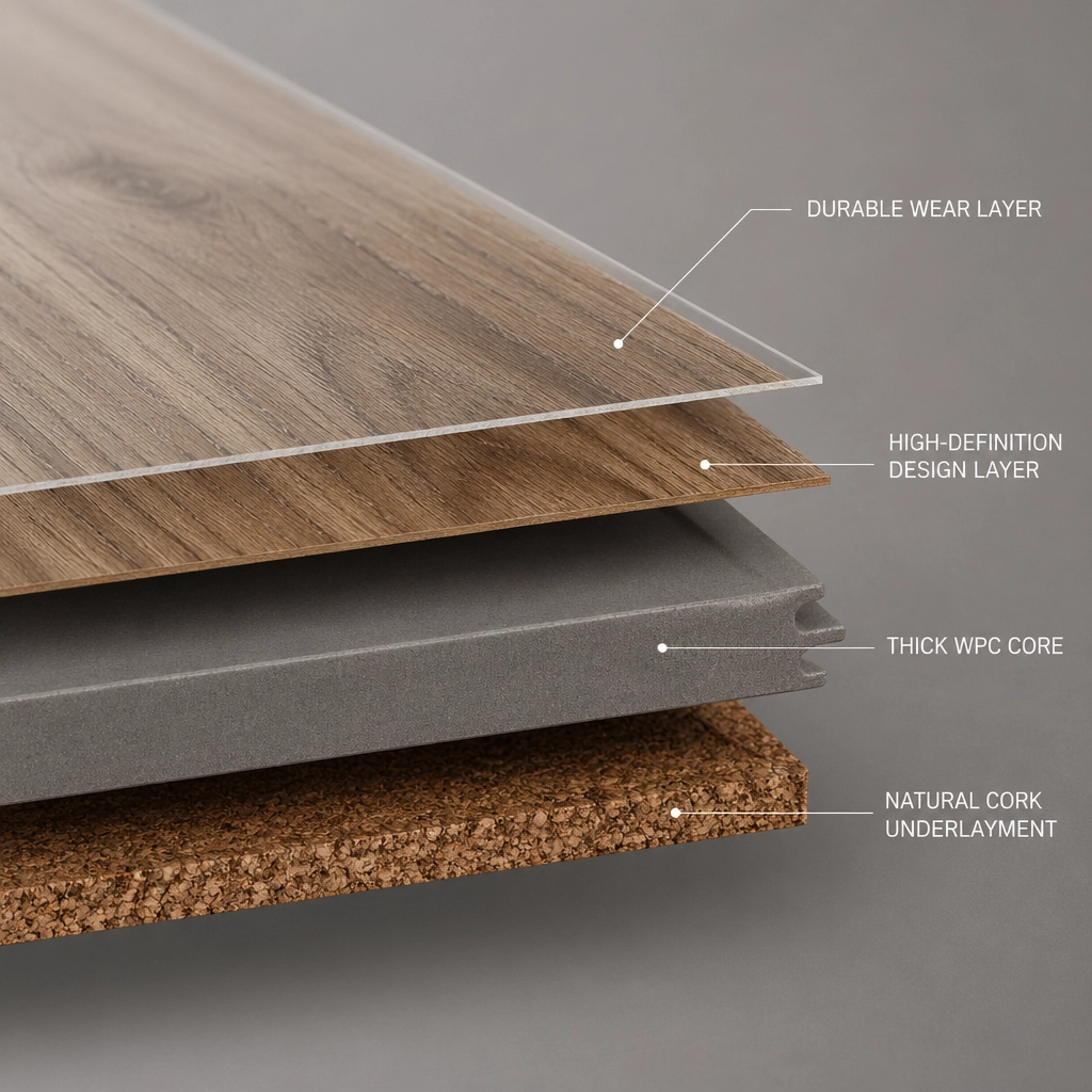Close up of COREtec plank layers showing WPC core and cork