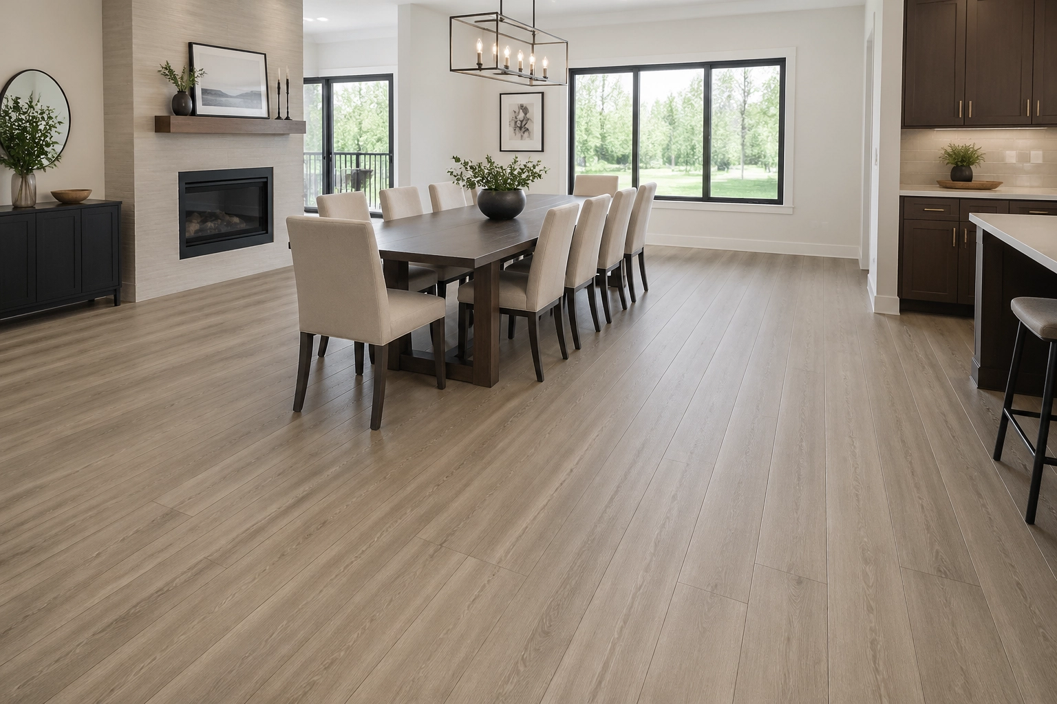 Wide-angle view of a modern dining room with long 60-inch COREtec VV880 planks