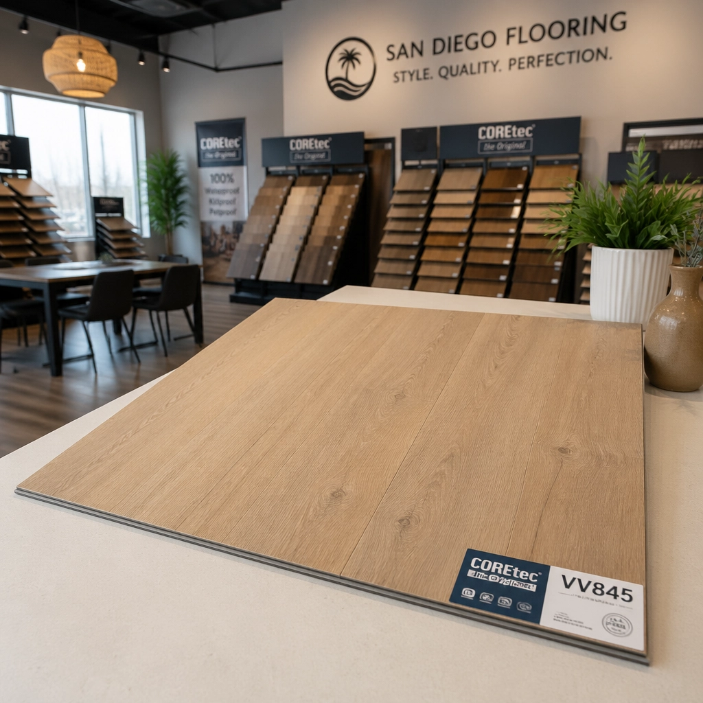A display of COREtec VV845 samples at the West Coast Flooring Center showroom
