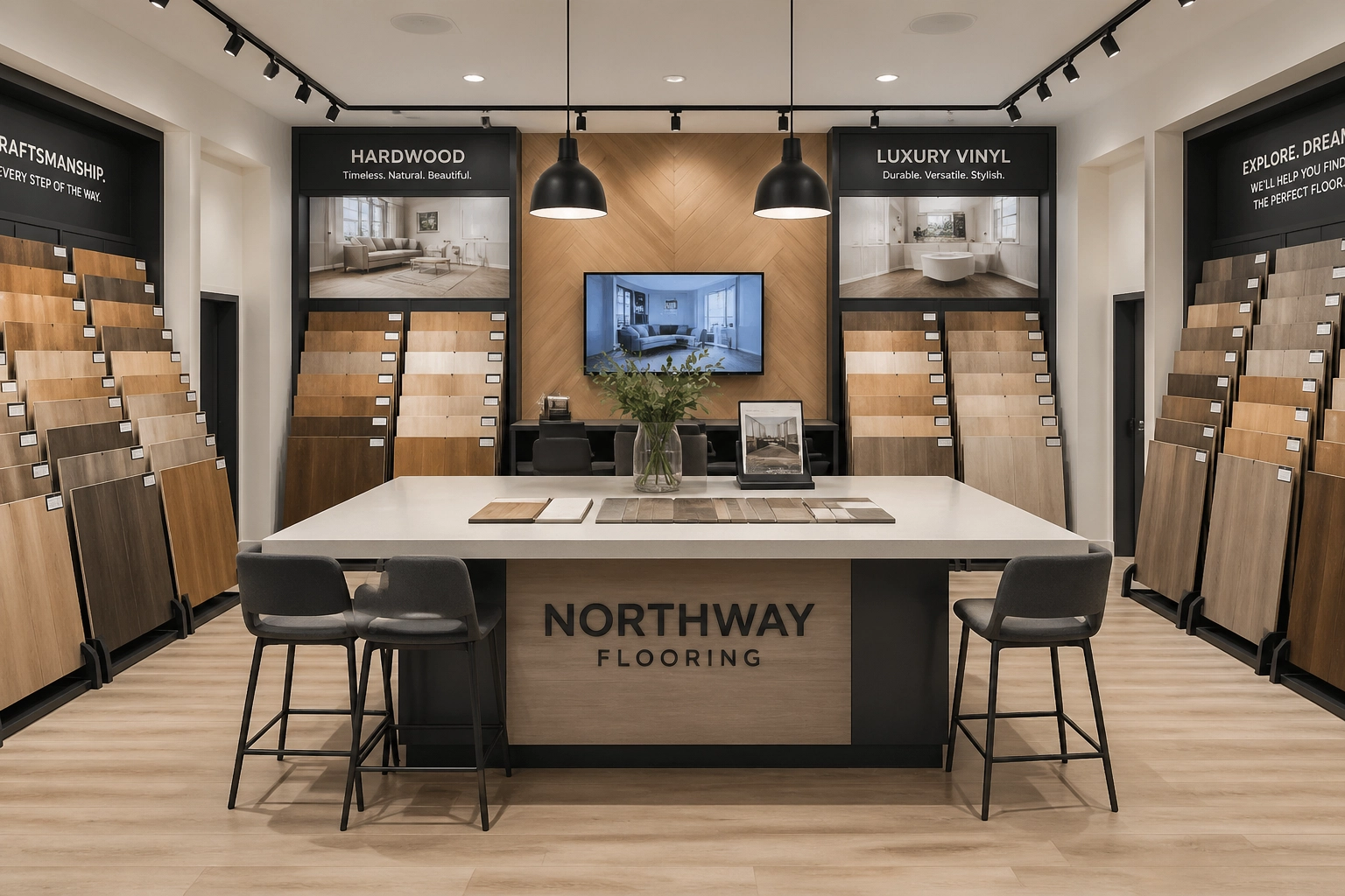 Interior of a professional flooring showroom with various displays and samples