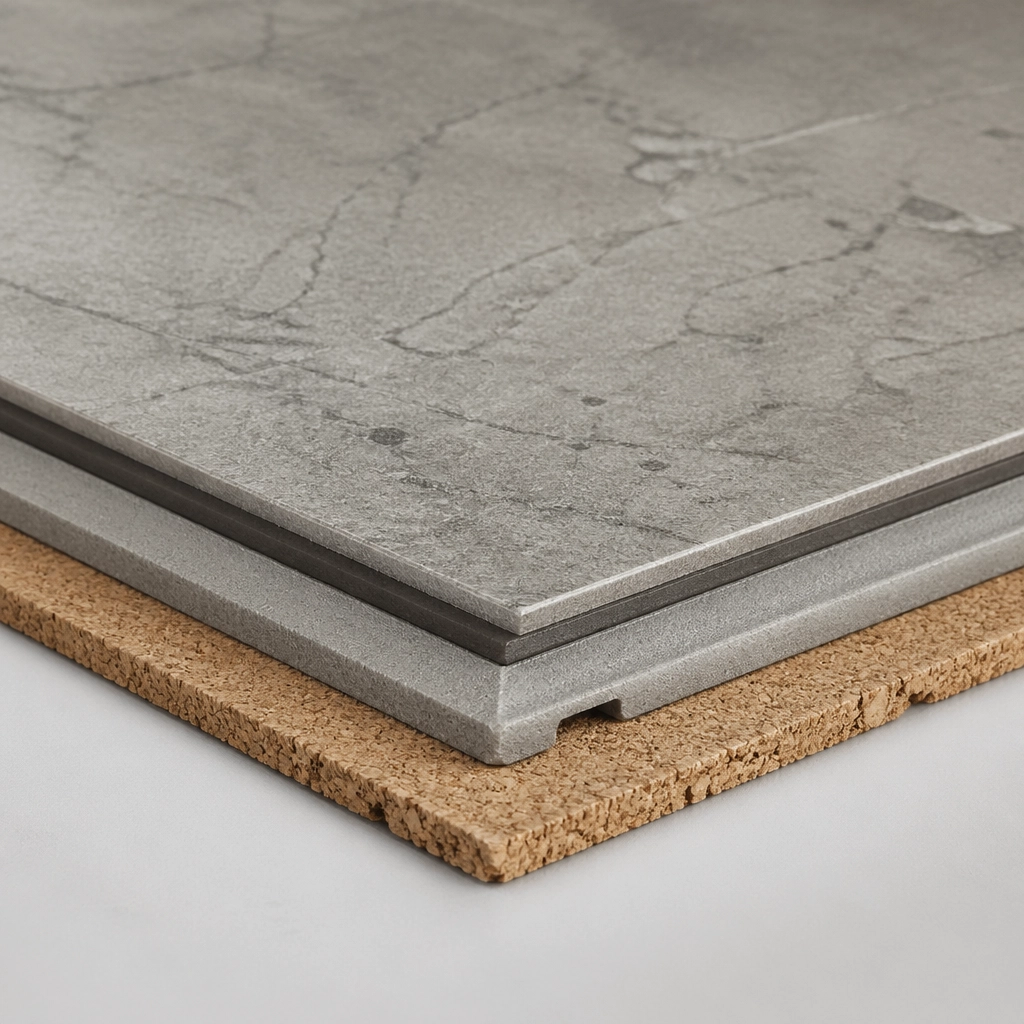 A close-up of COREtec Tile showing the realistic texture and cork backing