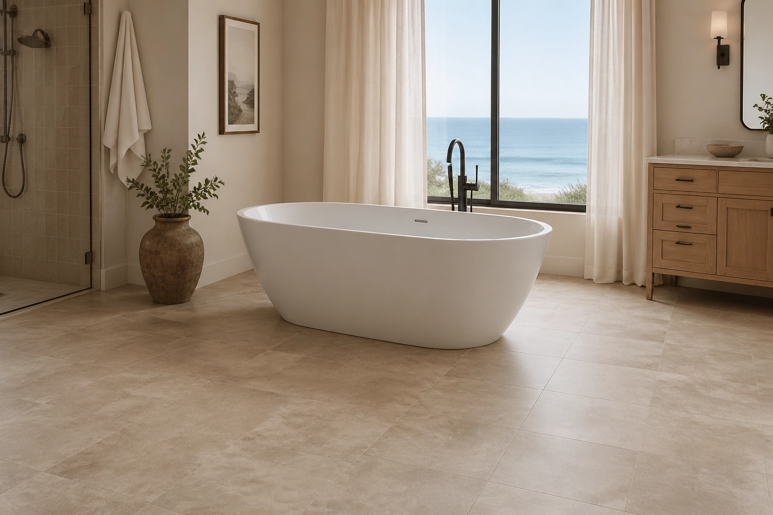 A realistic photograph of a luxurious bathroom in a coastal home. The floor is covered with VV840-COREtec Tile in a square 18x18 format.
