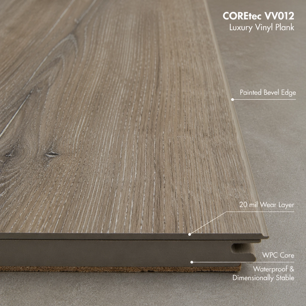 A detailed close-up of the VV012 COREtec plank highlighting the realistic wood grain texture and the subtle, elegant painted bevel edge.