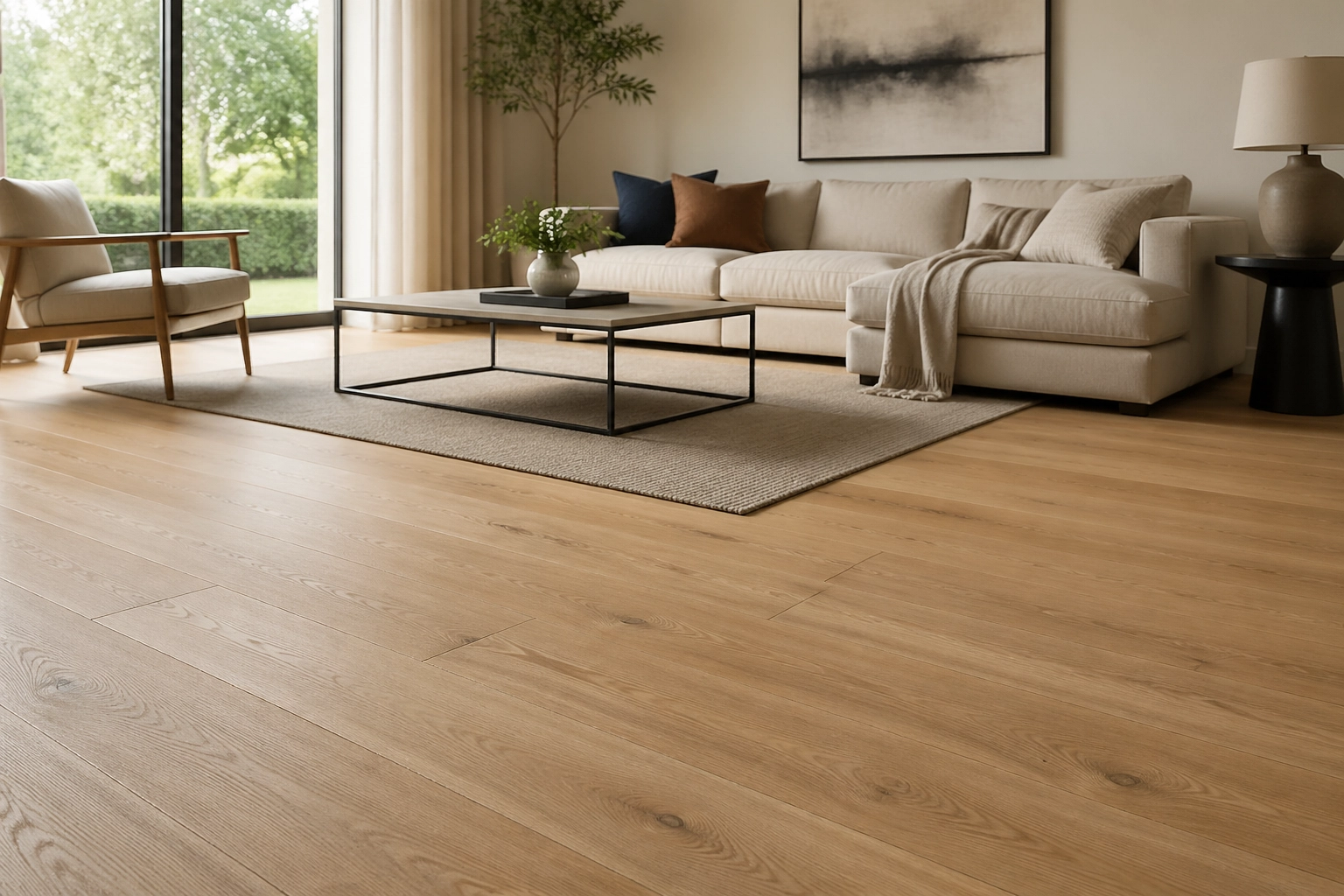 A high-resolution, professional photograph of a modern living room featuring long, 60-inch luxury vinyl planks in a warm, light oak finish.