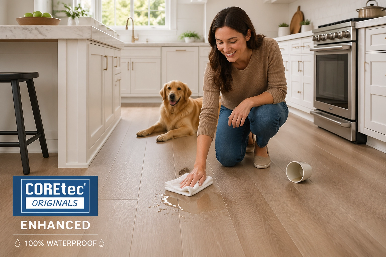 A contemporary kitchen with COREtec Originals Enhanced flooring, highlighting its waterproof nature and durability.
