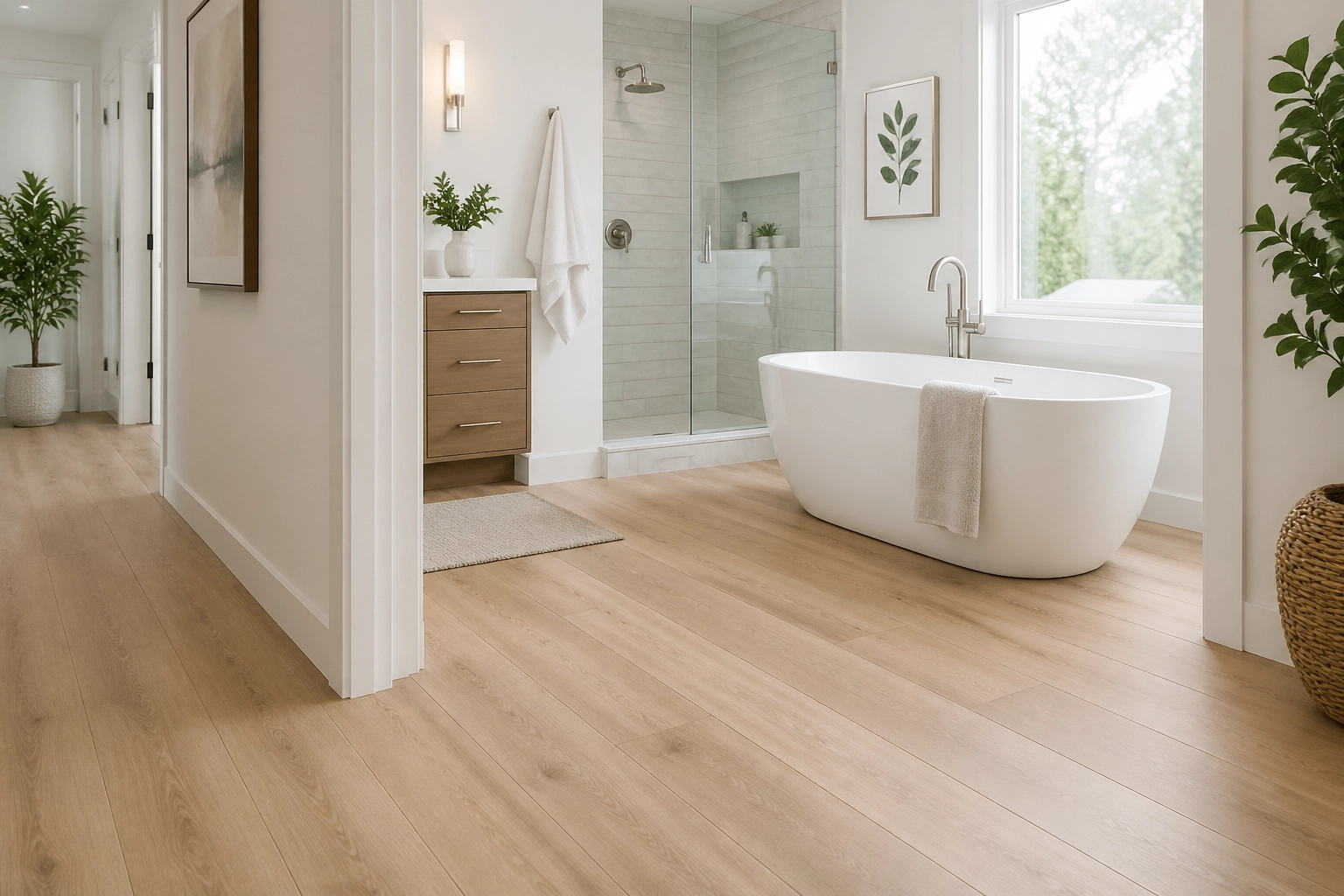 A modern bathroom showing COREtec Pro Premium flooring in a light wood finish, emphasizing its waterproof benefits.
