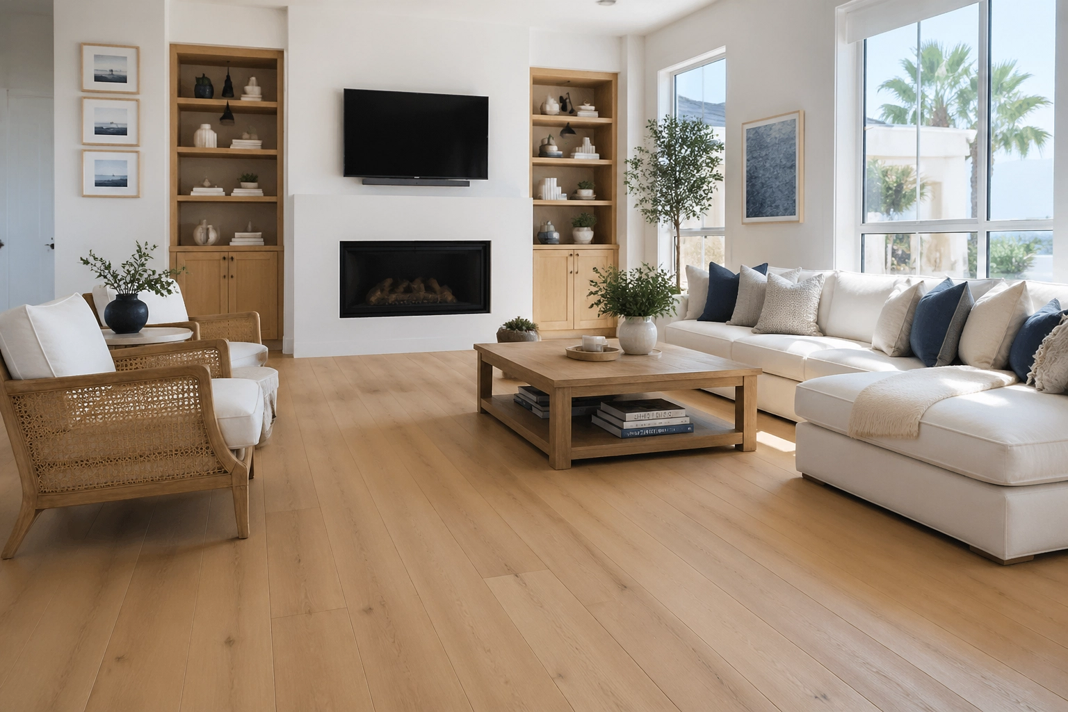 A bright and airy San Diego living room featuring warm oak VV585-COREtec Originals Classics luxury vinyl planks.