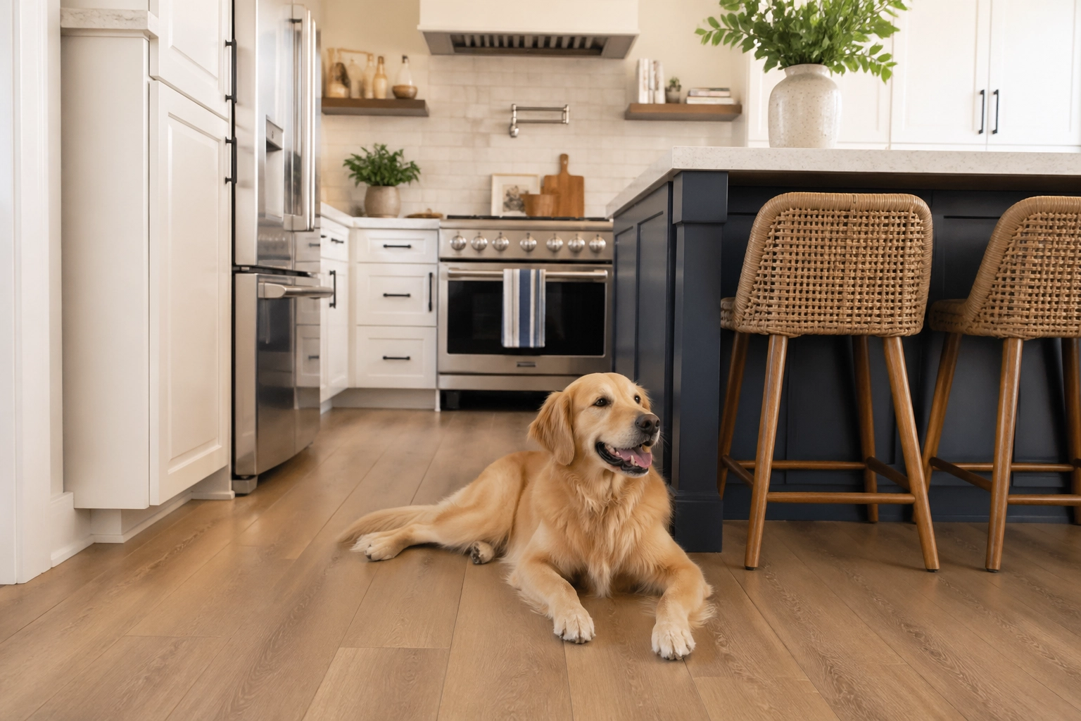 A happy dog on VV489 flooring in a modern kitchen