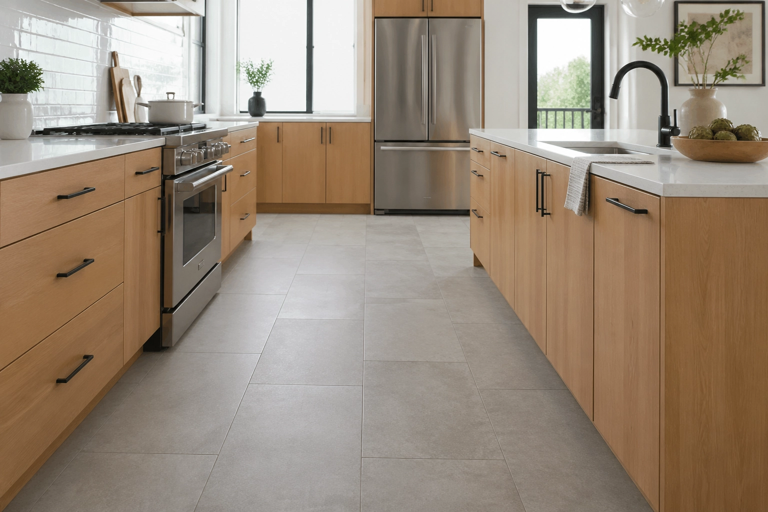 A modern kitchen with light oak cabinetry and VV870-COREtec Tile flooring in a large-format layout.