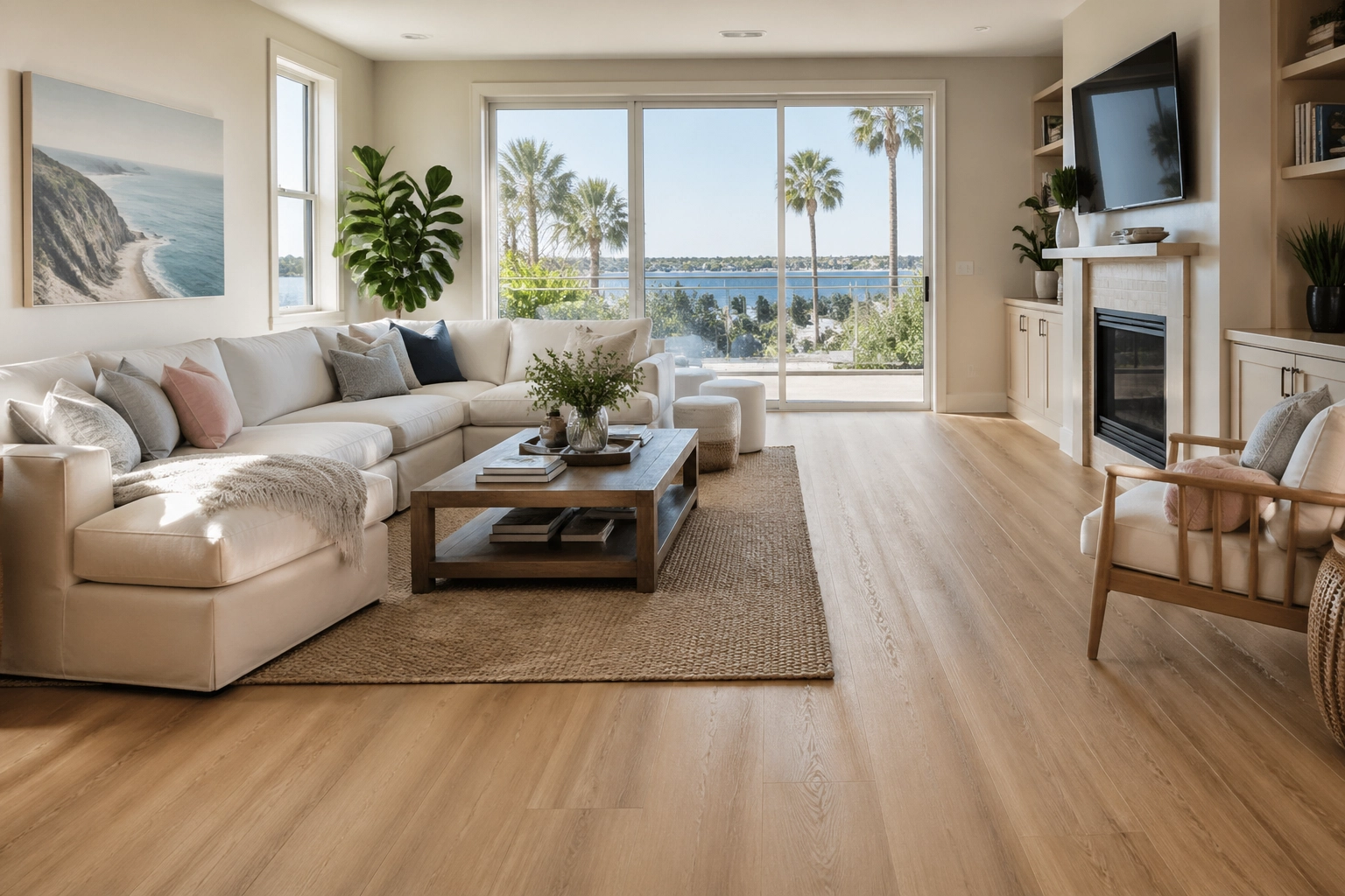 A sun-drenched San Diego living room featuring beautiful wide-plank VV735 COREtec Originals Premium flooring.
