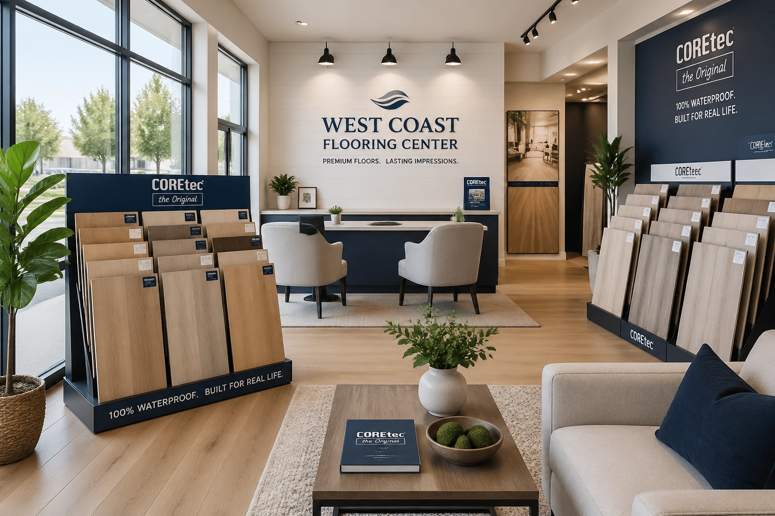 An inviting interior design showroom at West Coast Flooring Center featuring premium COREtec samples.
