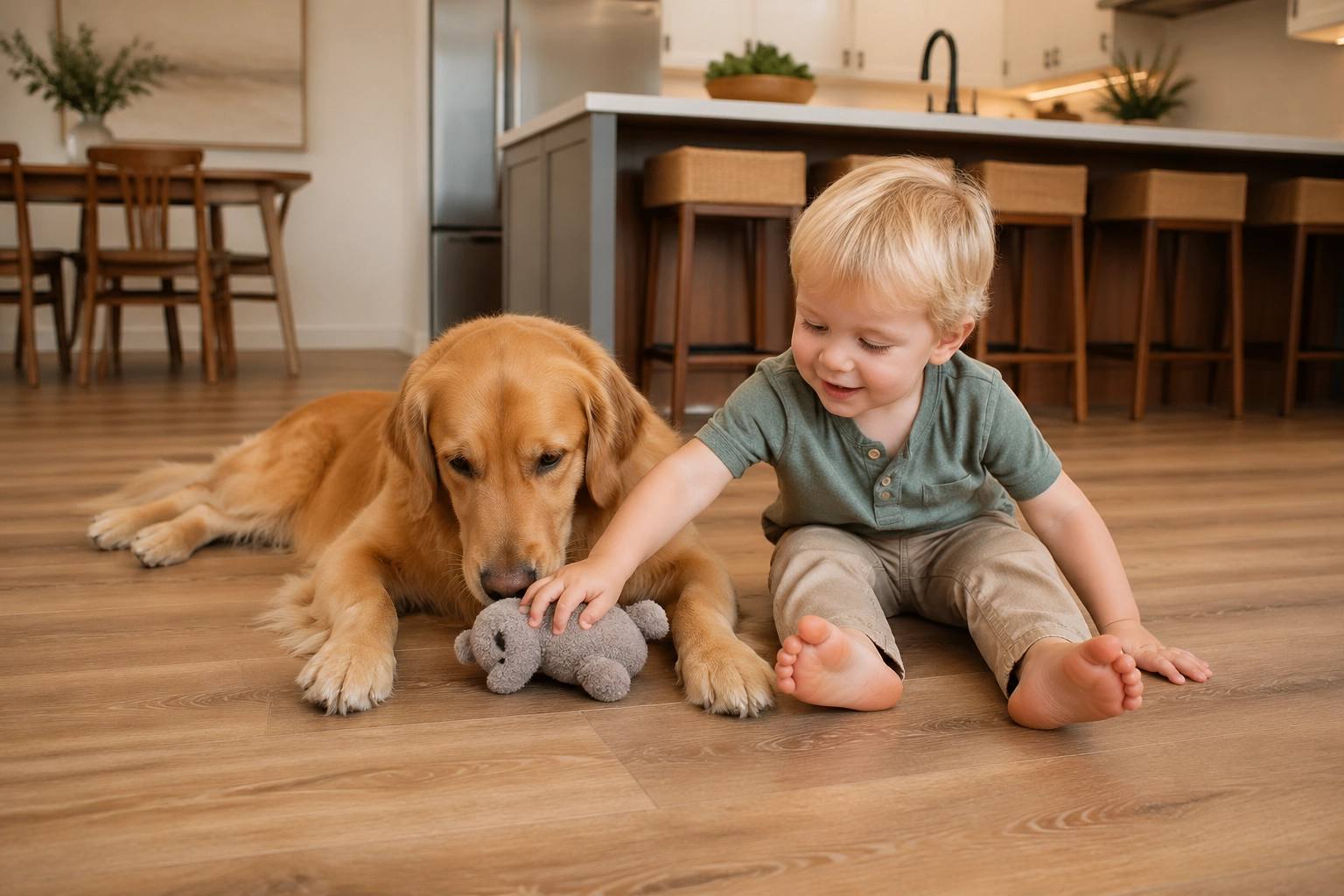 A family and their dog enjoying the durable and waterproof VV735 COREtec flooring in a bright home.